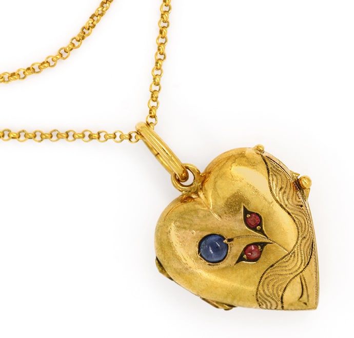 Foto 2 - Antikes Herz Medaillon Rubine und Saphir an Erbsenkette, Q1397