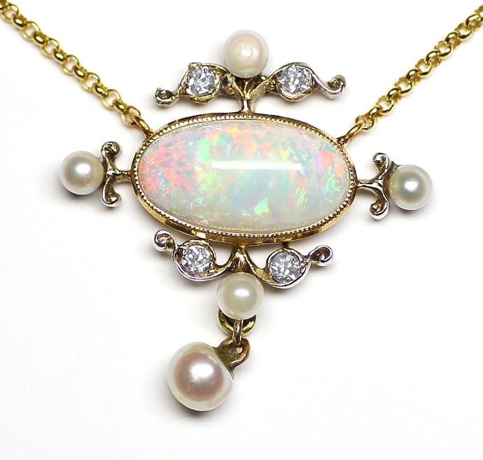 Foto 2 - Antikes Collier Super Opal, Perlen, Diamanten, aus Gold, Q1534